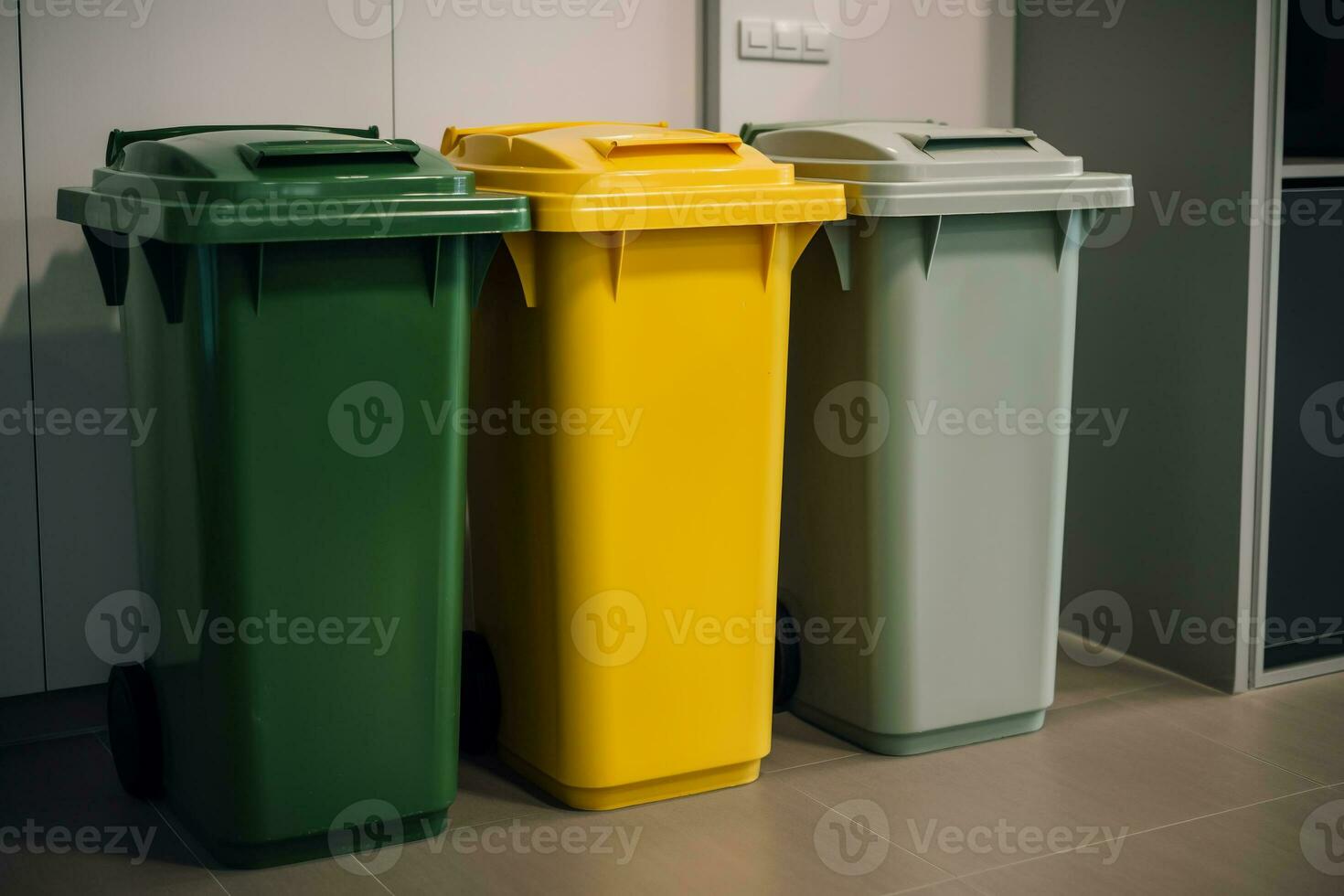 three garbage containers in yellow, green and white, for various types of garbage near a light wall. Recycling concept.ai generative photo