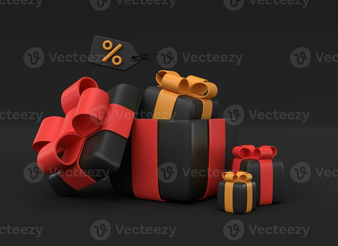 3d black gift boxes with red and yellow bows and a price tag with percentages. minimalistic realistic style. banner for advertising sale for black friday or new year. 3d rendering. photo