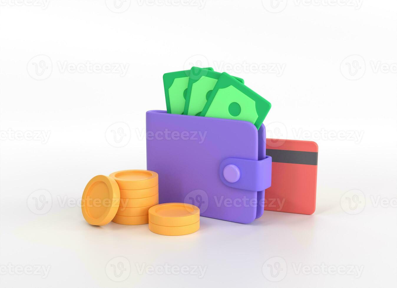 3d wallet, green banknotes, gold coins and a credit card in a minimalistic cartoon style. illustration isolated on white background. 3d rendering photo