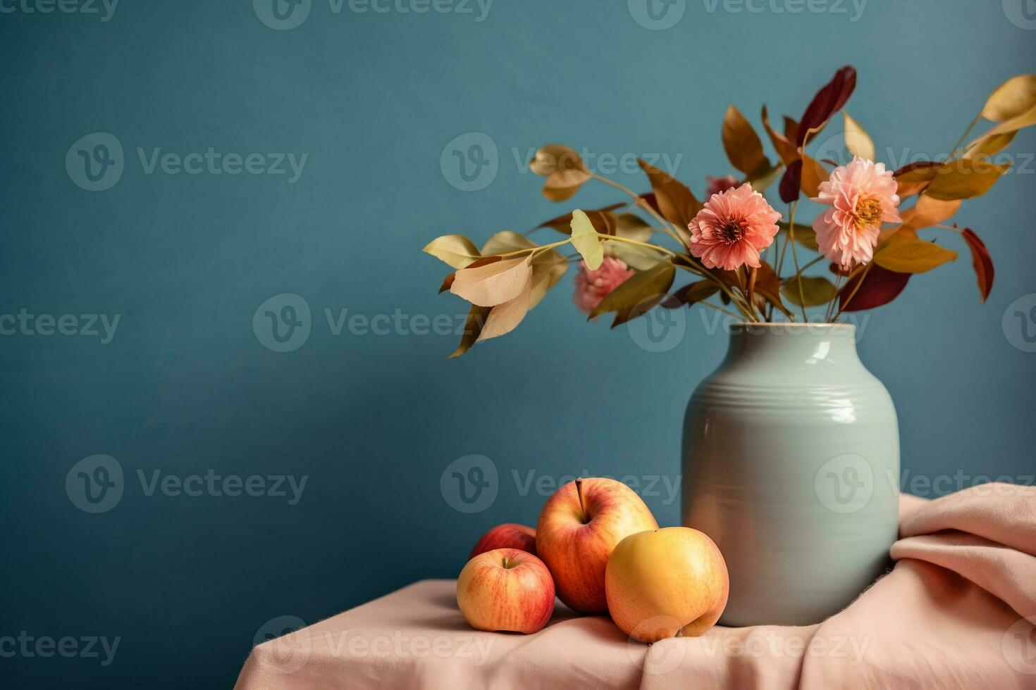 autumn still life with apples and a vase of flowers, cozy atmosphere and pastel colors. ai generative photo