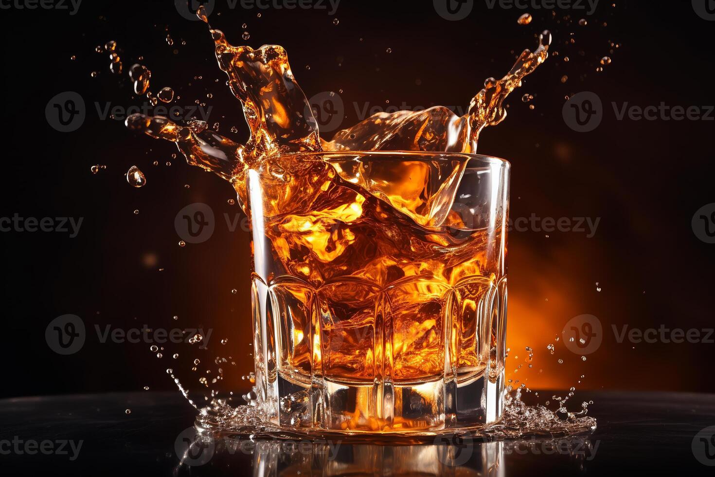 Whiskey is poured into tumbler with splash. Whiskey on rocks. photo