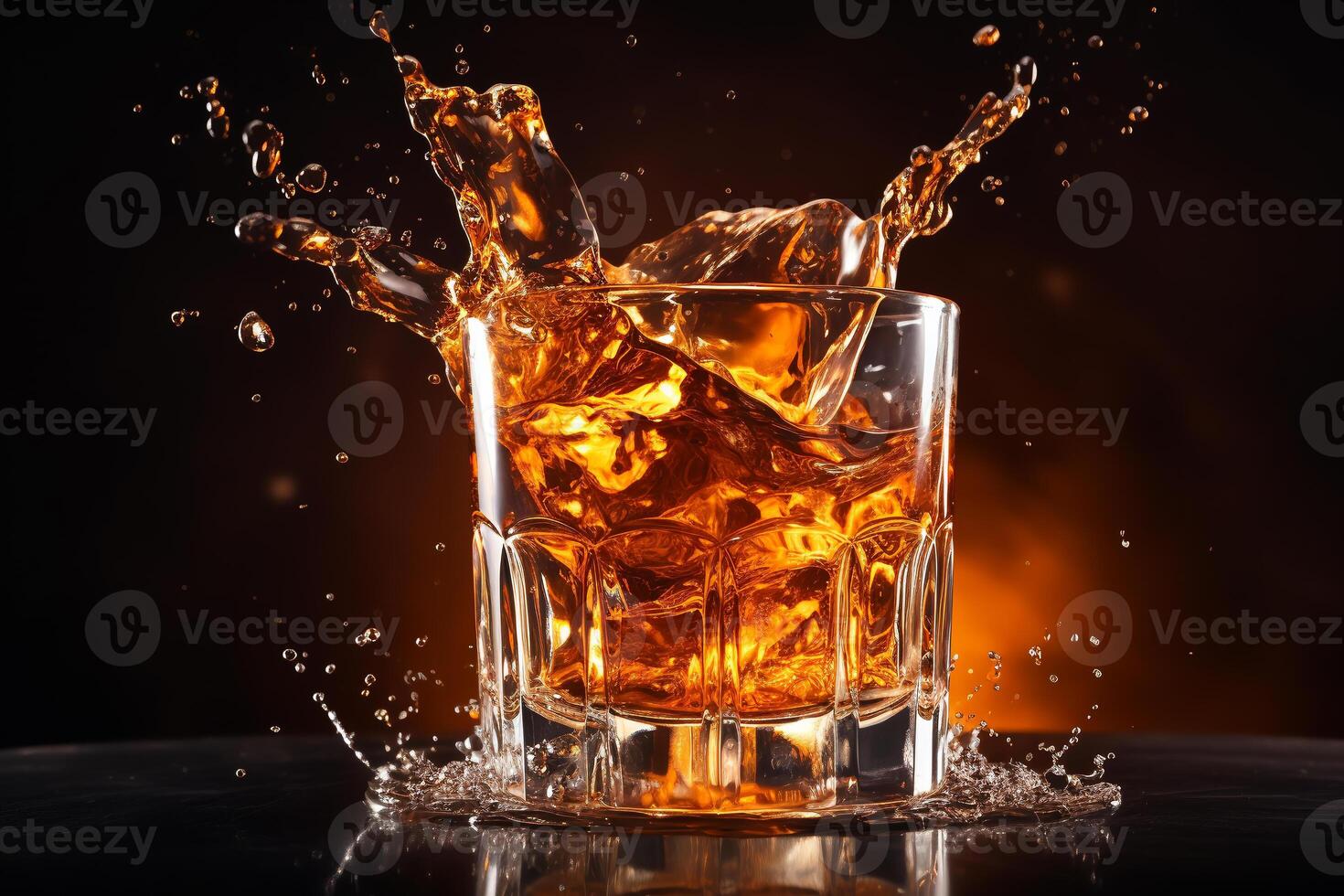 Whiskey is poured into tumbler with splash. Whiskey on rocks. ai generative photo