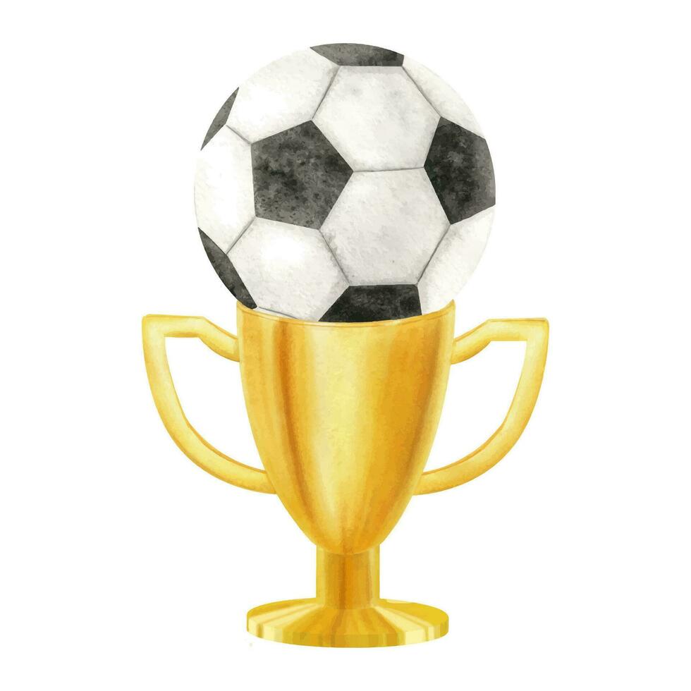 dorado taza con fútbol pelota. fútbol americano fósforo. campeón dorado trofeo. premio taza para ganador, primero lugar, victoria. atributos de Deportes competiciones acuarela ilustración. aislado. vector