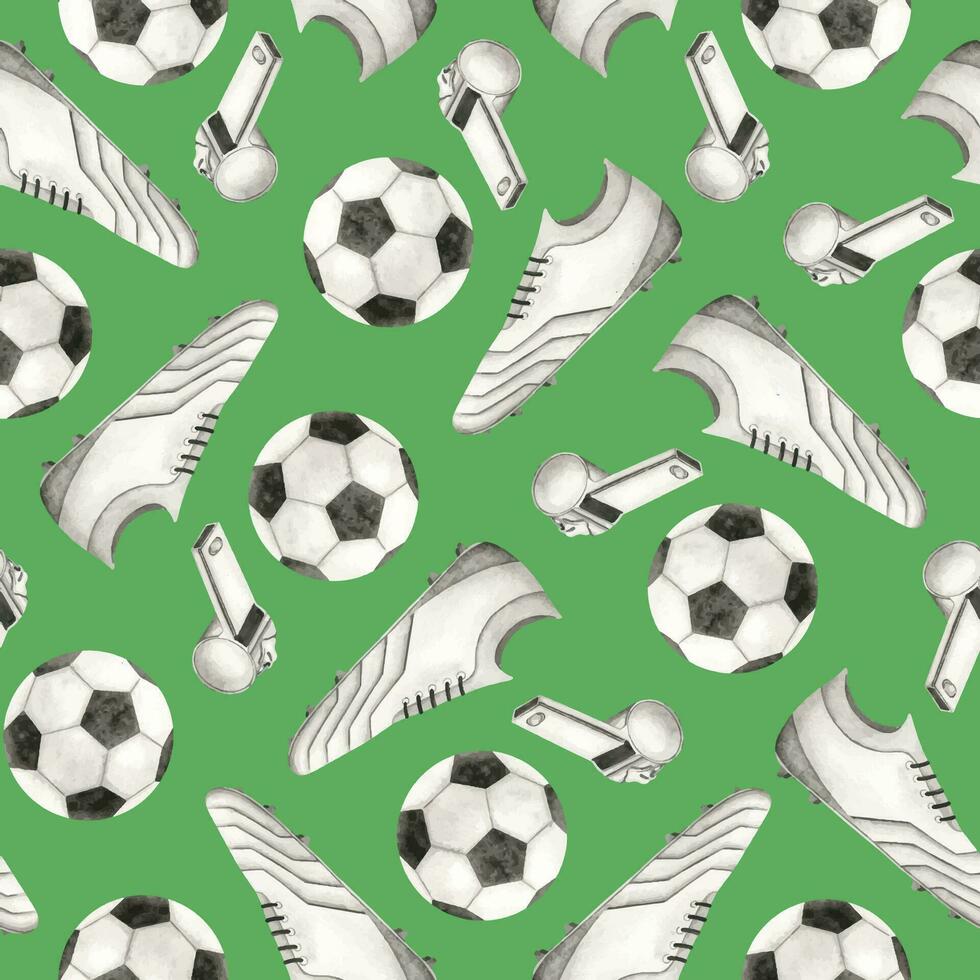 Soccer ball, Soccer cleats and whistle. Seamless pattern. Watercolor hand drawn illustration. Isolated. Sports equipment. For football club, sporting goods stores, poster and postcard design vector