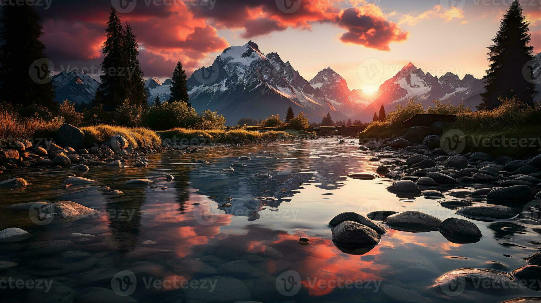 Beautiful landscape with high river and red sunlight in sunrise. Created with Generative AI photo