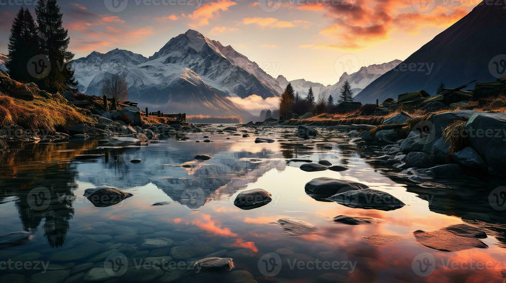 Beautiful landscape with high river and red sunlight in sunrise. Created with Generative AI photo