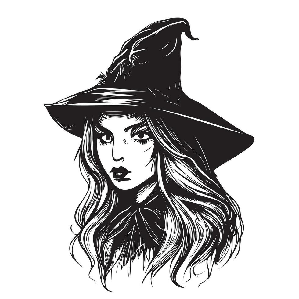 Head of a young witch Halloween sketch Vector illustration