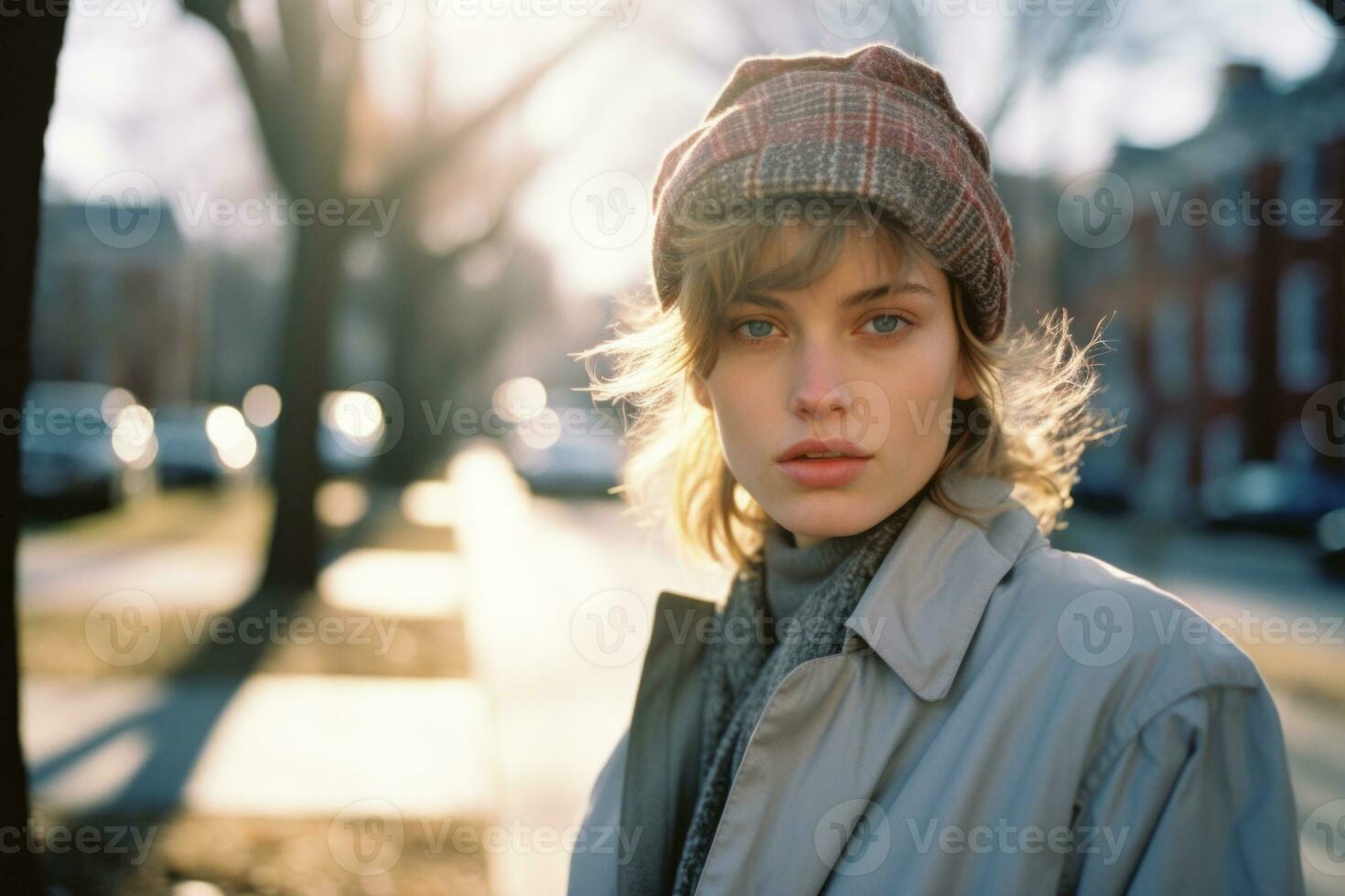 a woman in a hat and coat standing on a street generative ai photo