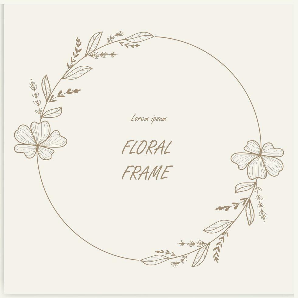 Hand-drawn floral frames with flowers, branches, and leaves. Wreath. Elegant logo template. Vector illustration for labels, branding business identity, and wedding invitations.