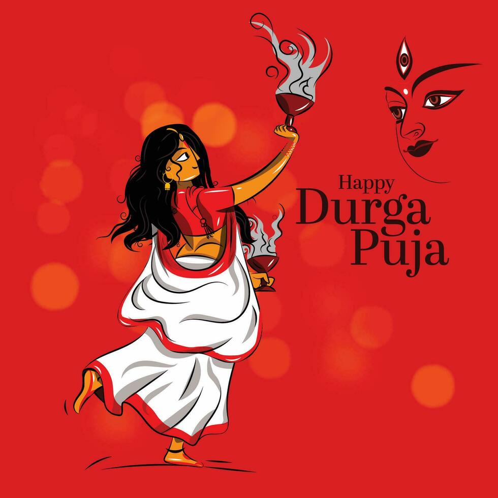 bengalí mujer ejecutando el tradicional 'dhunuchi bailar' cuales estaba organizado a un Durga puja pandal Feliz Durga puja vector