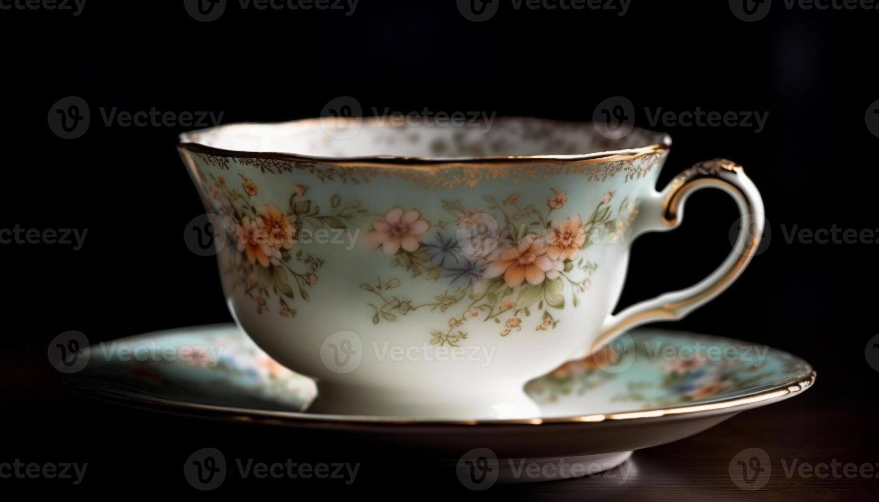 Coffee cup on table, saucer, crockery, wood, elegance, mug, heat, antique, decoration generated by AI photo