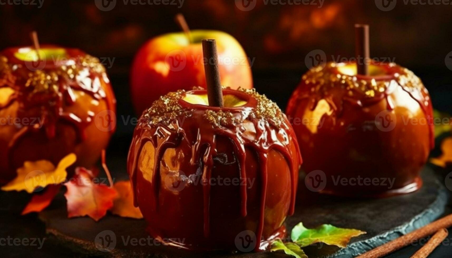 Autumn apple dessert, Halloween candy, sweet pumpkin indulgence, homemade gourmet generated by AI photo
