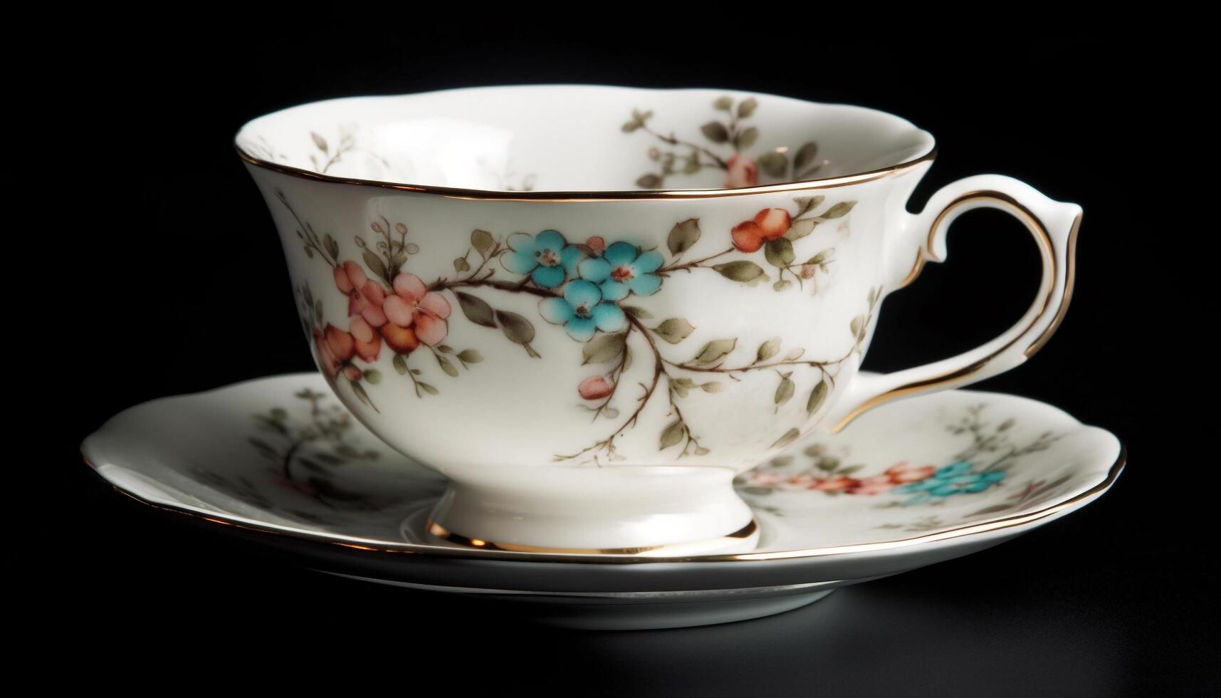 An elegant old fashioned coffee cup, black and shiny, on saucer generated by AI photo