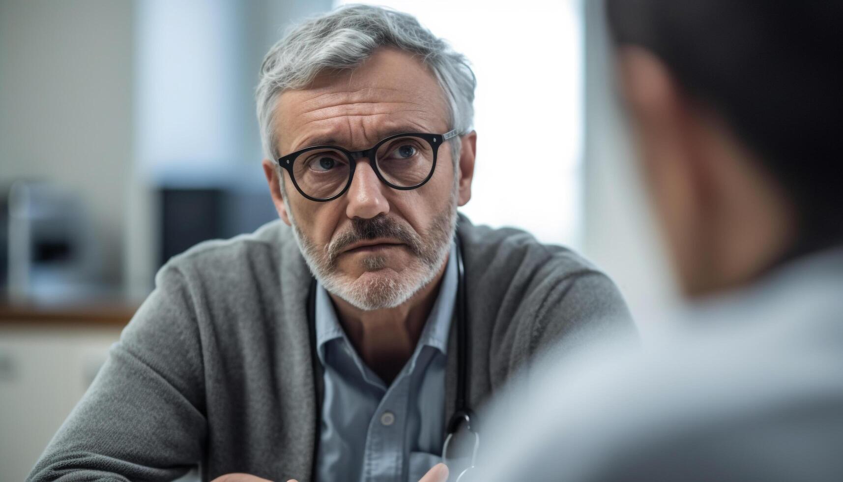 Two mature businessmen sitting in office, working and discussing business generated by AI photo