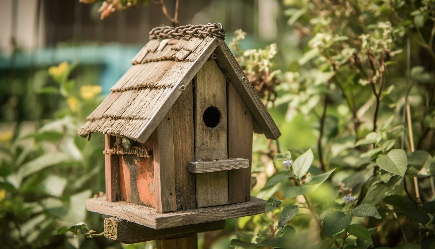 A cute birdhouse on a tree branch in a green forest generated by AI photo