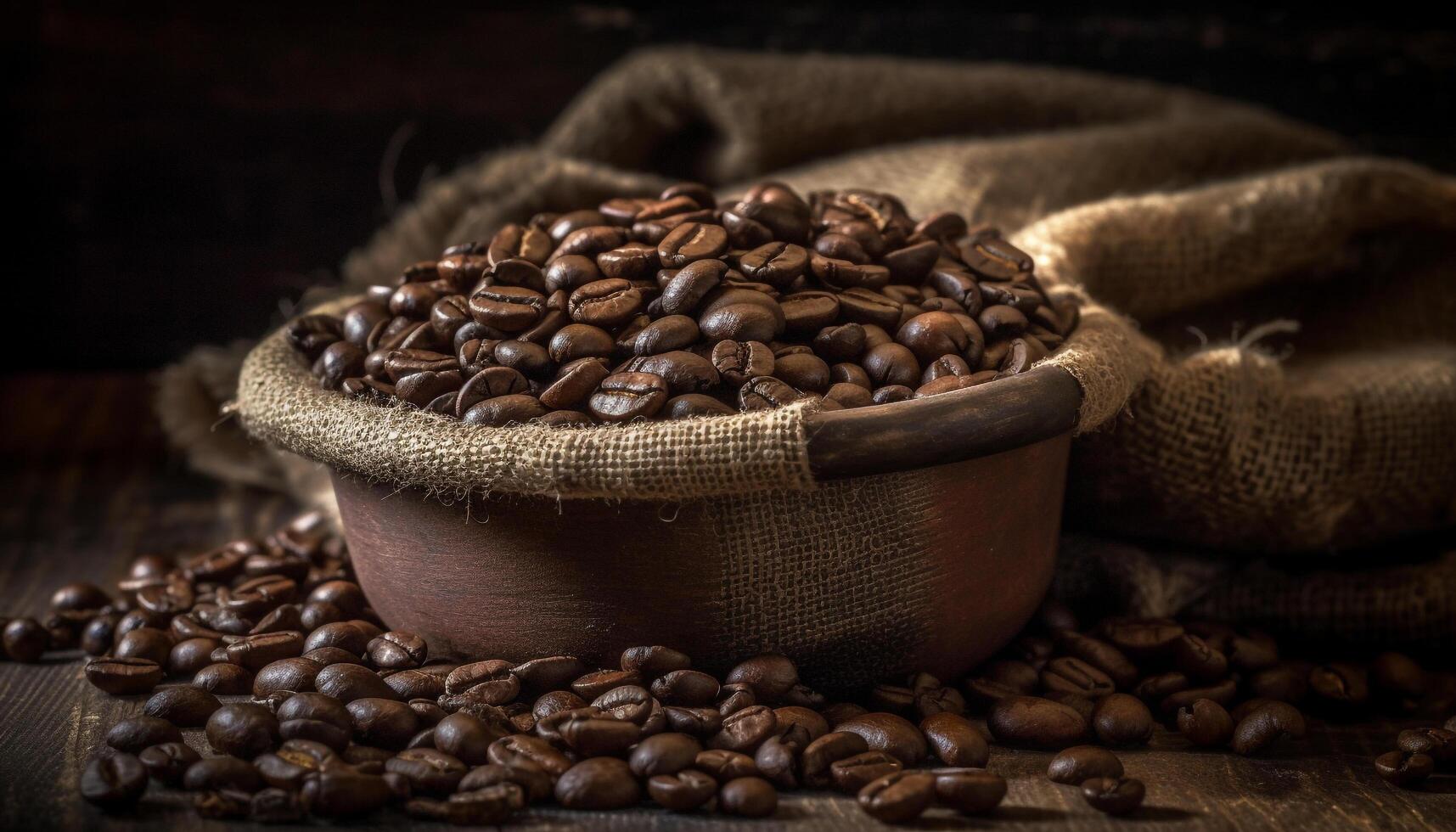 Freshly ground dark coffee beans in a burlap sack on table generated by AI photo