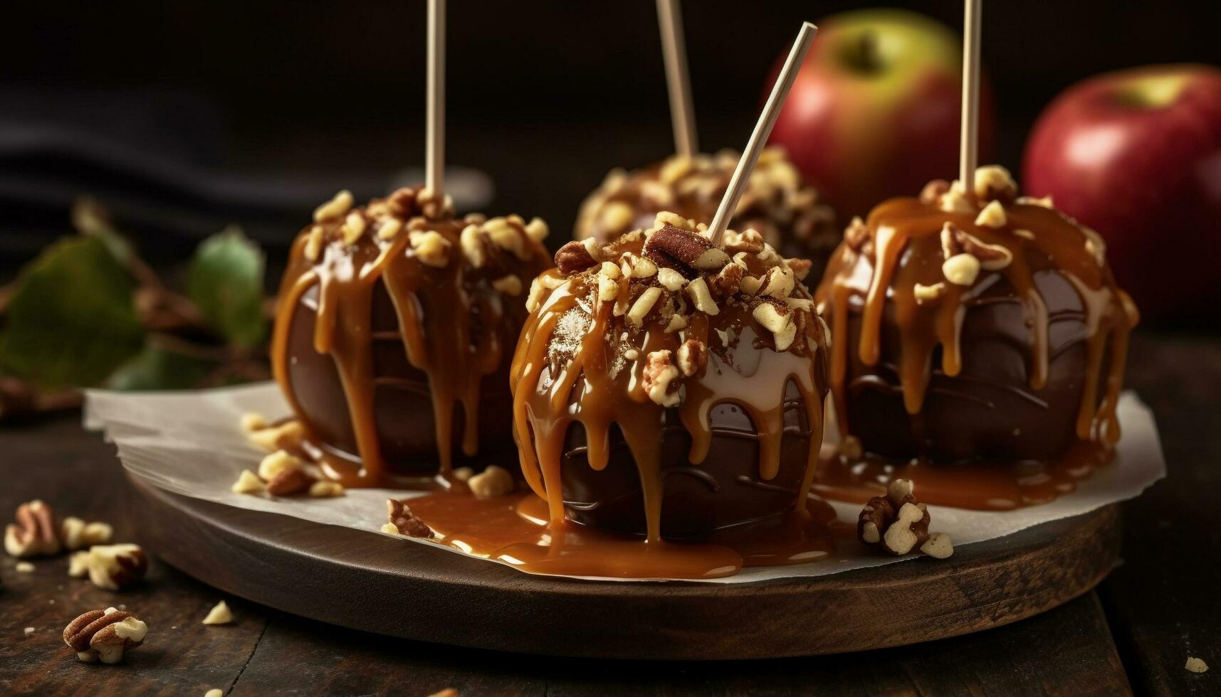 Indulgent homemade dessert chocolate caramel apple with pecan crunch generated by AI photo