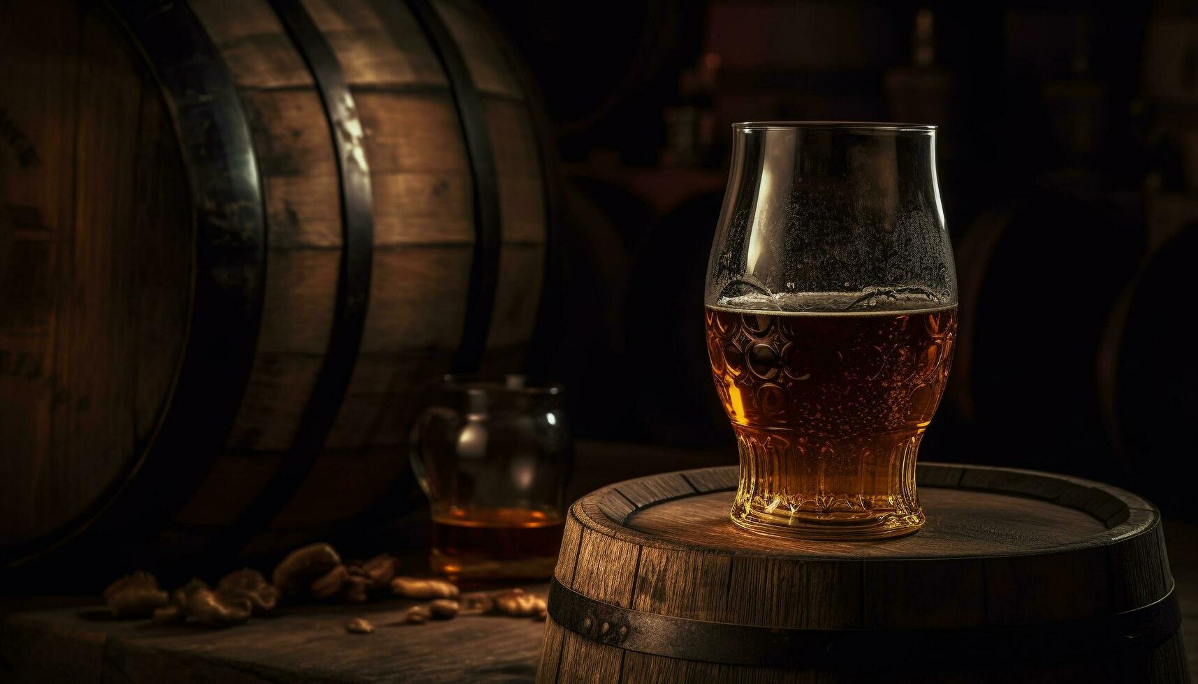 alcohol beber, madera barril, líquido mesa, bar, cervecería, pub generado por ai foto