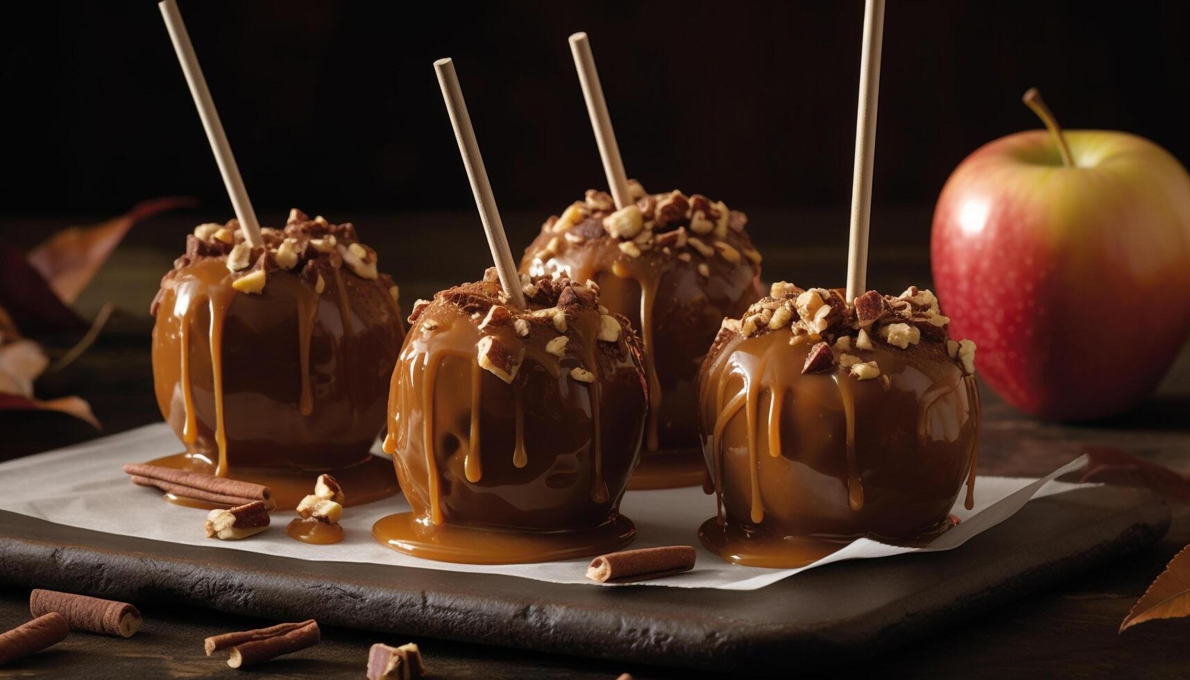 Indulgent gourmet dessert chocolate dipped caramel apple on wooden table generated by AI photo
