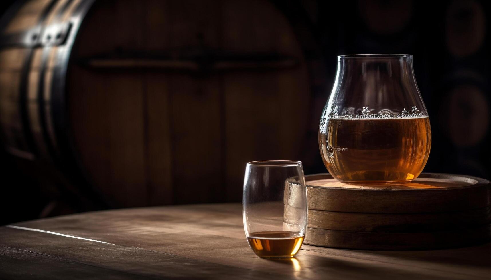 Luxury whiskey bar, wood table, glass bottle, golden elegance generated by AI photo