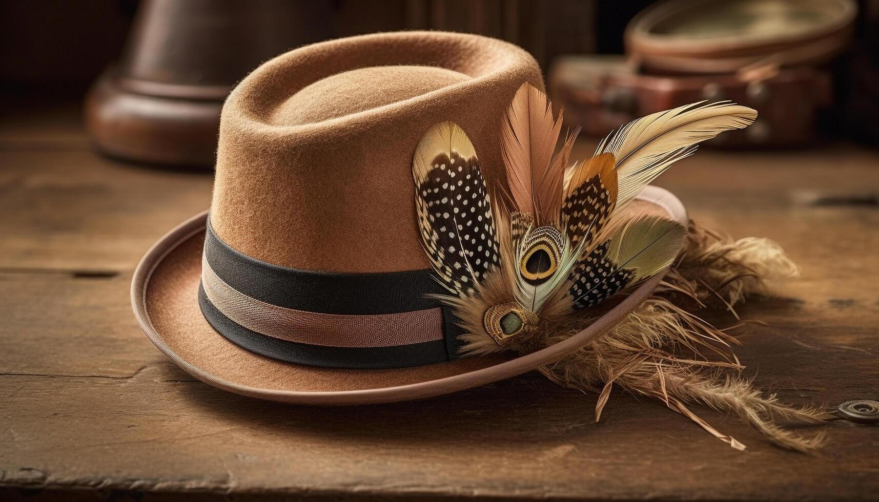 Feathered straw hat adds elegance to cowboy old fashioned fashion generated by AI photo