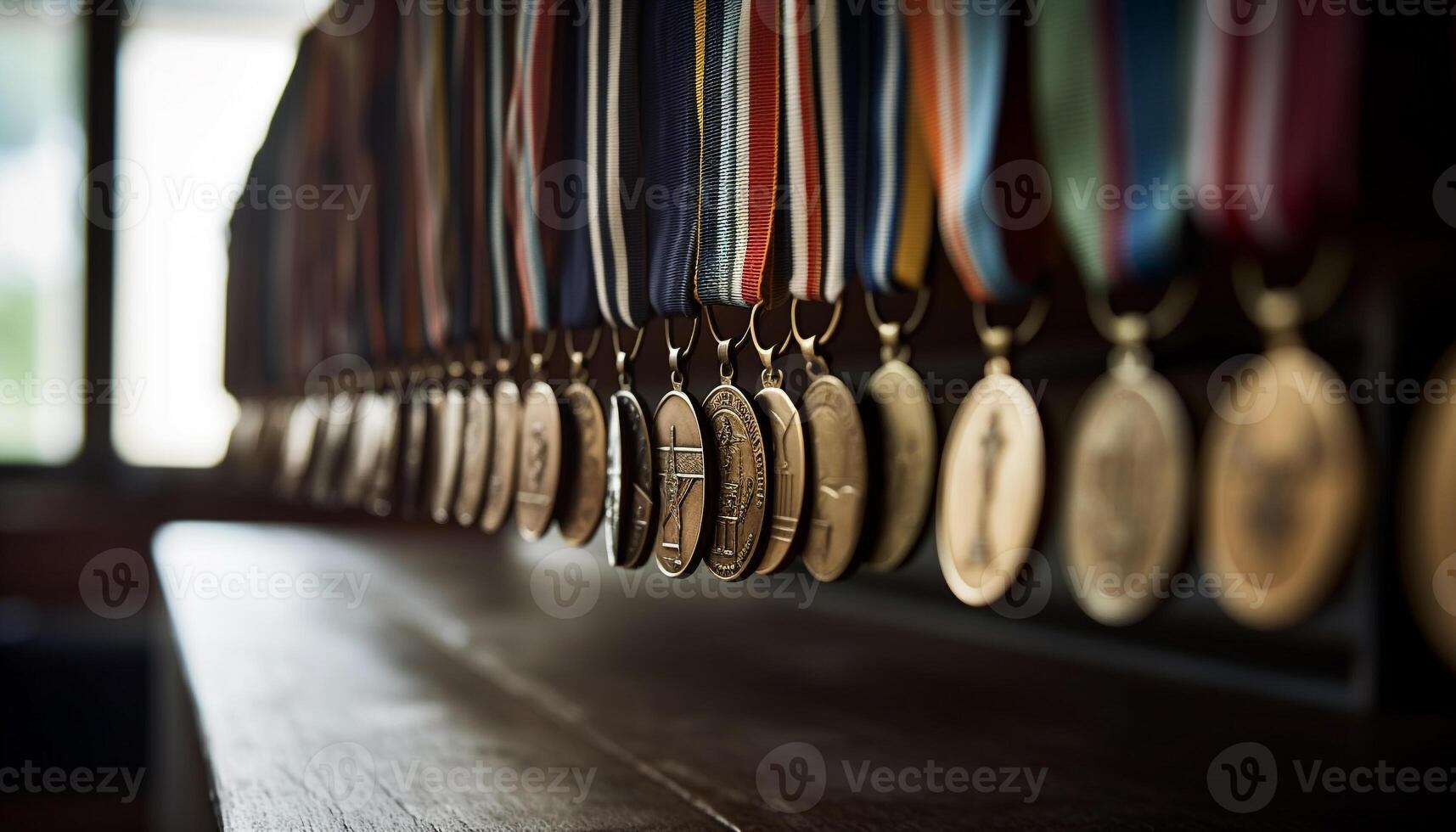 A row of awards on a wooden table, symbolizing success generated by AI photo