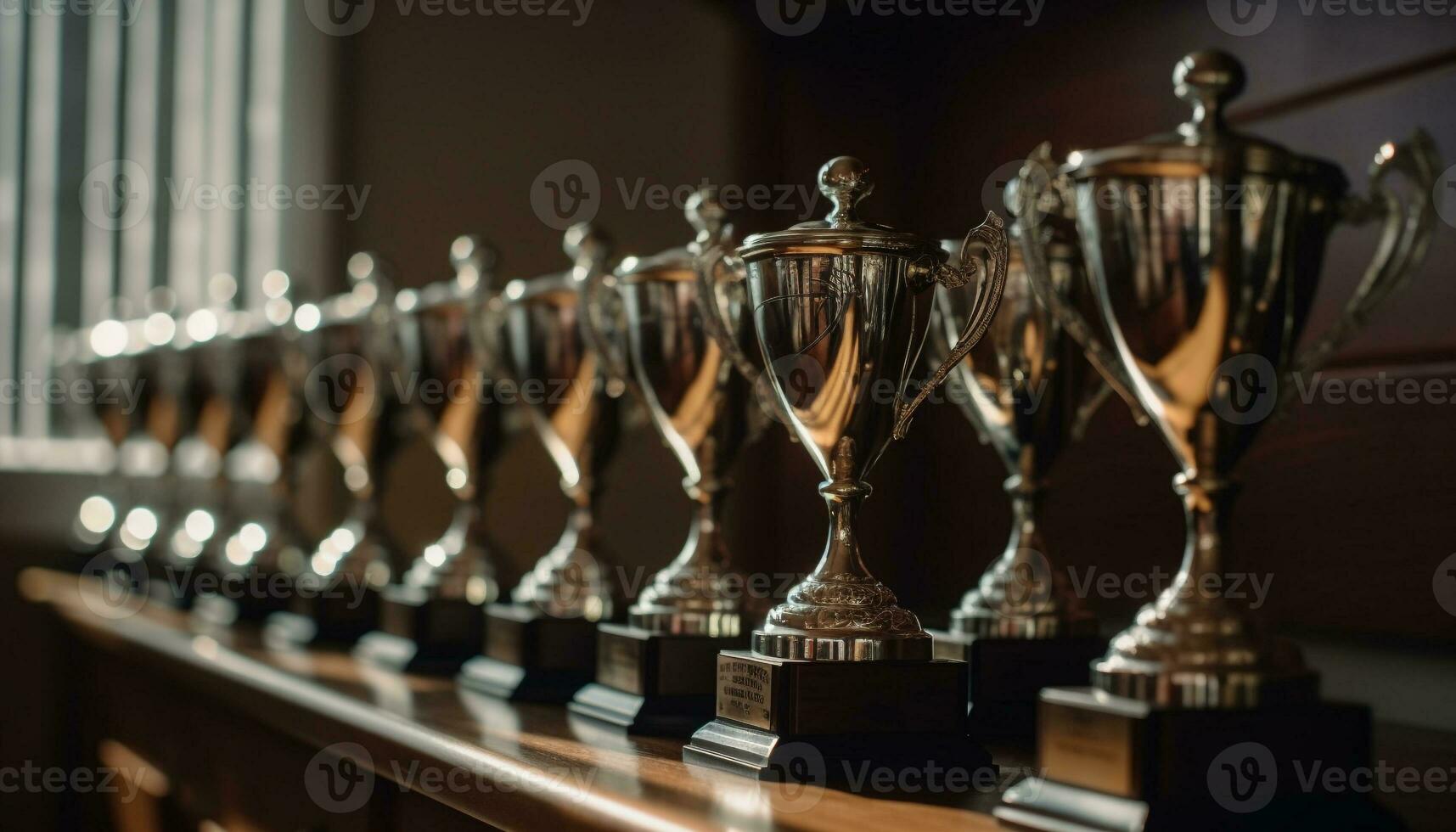 Success in competition, sport trophies cups on the table generated by AI photo