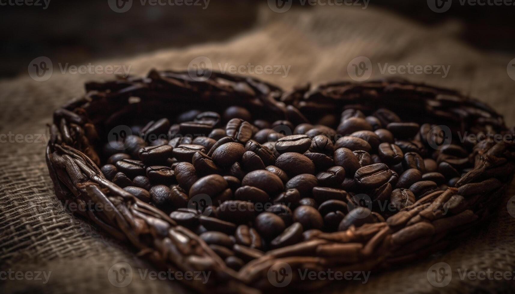 Freshness of coffee beans in burlap sack, close up on dark background generated by AI photo