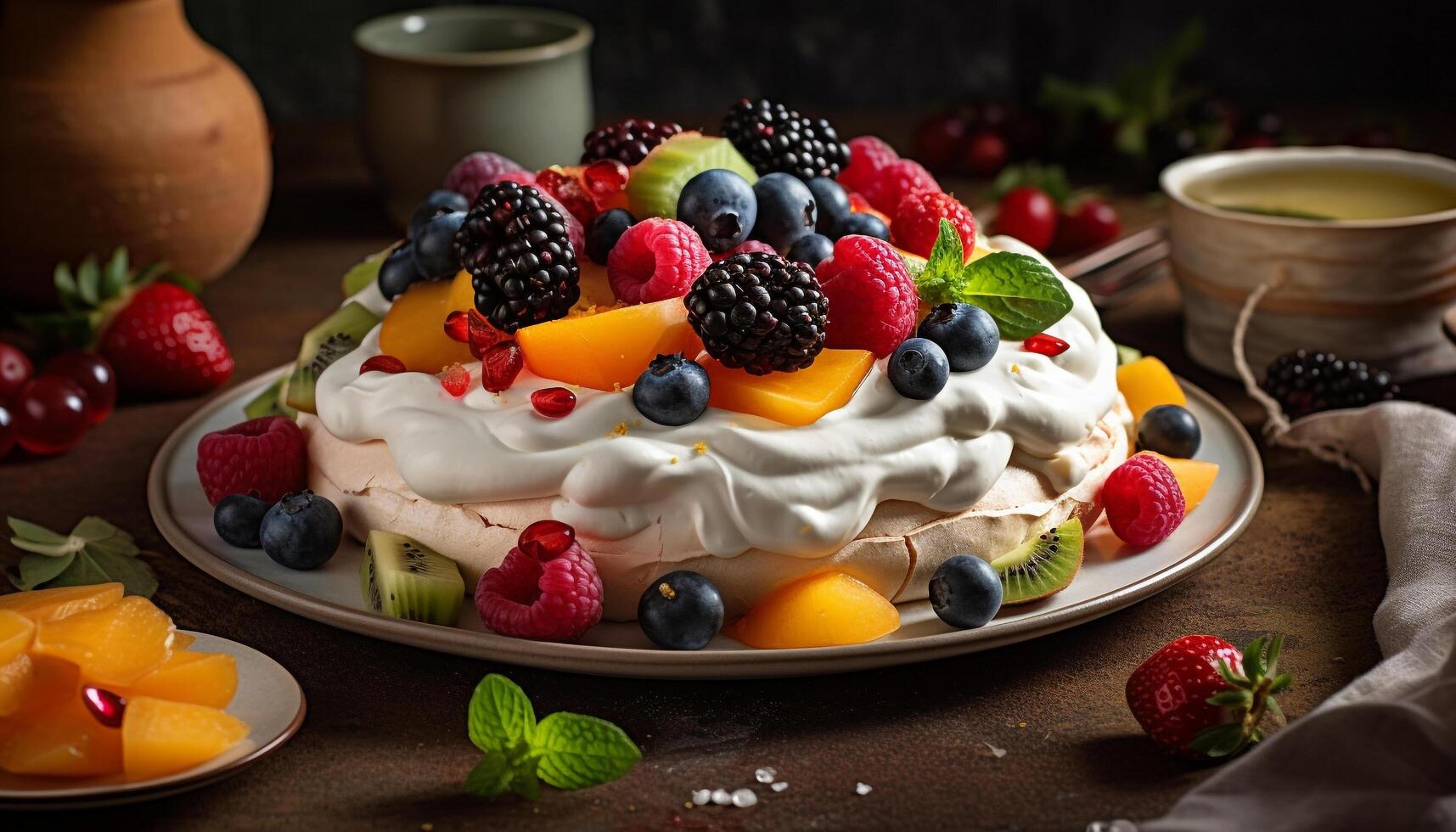 Freshness and sweetness on a plate, a berry gourmet indulgence generated by AI photo