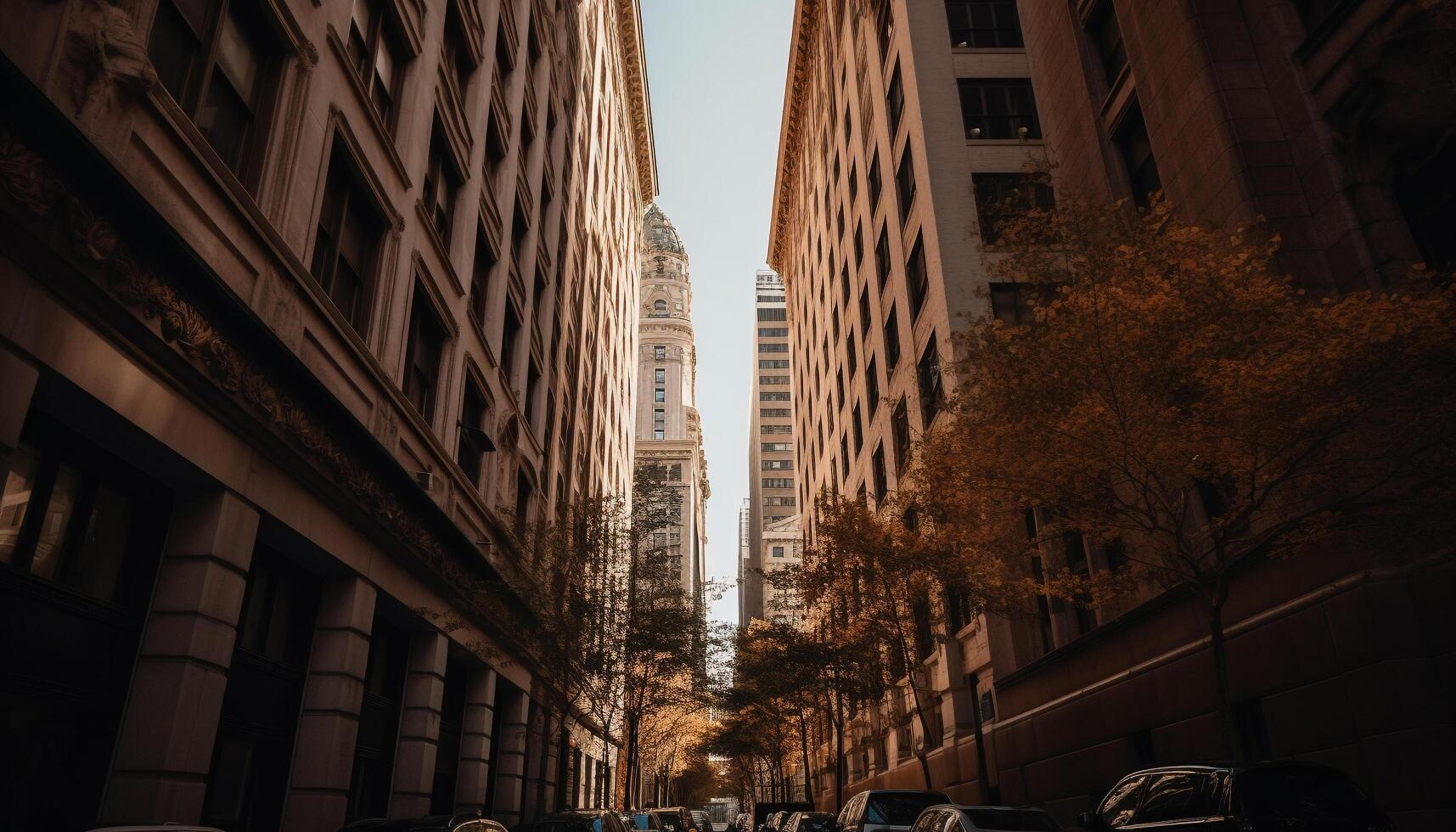 Modern skyscrapers illuminate the city skyline at dusk, a futuristic sight generated by AI photo