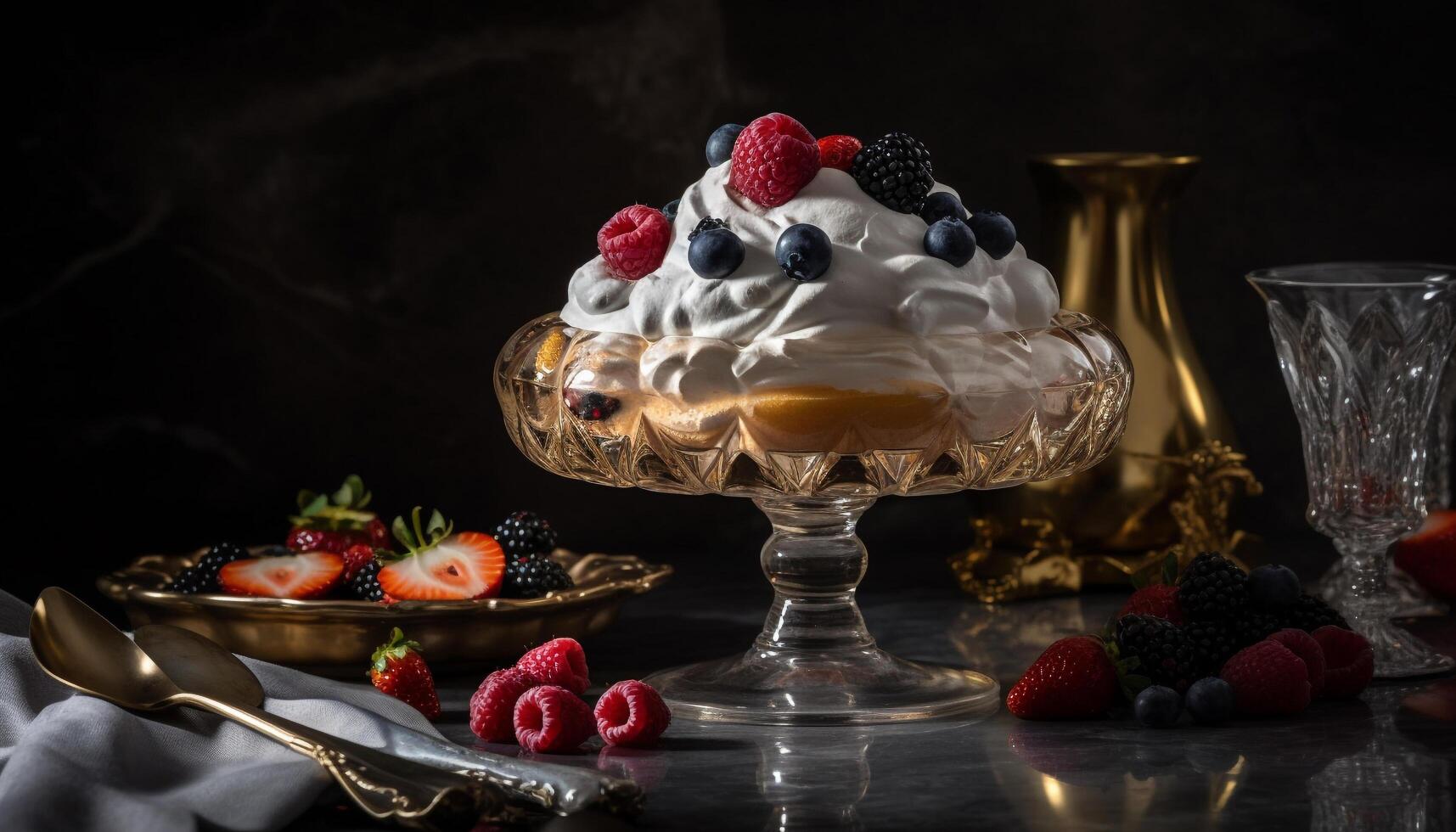 Fresh berry dessert on wooden table, a summer indulgence generated by AI photo
