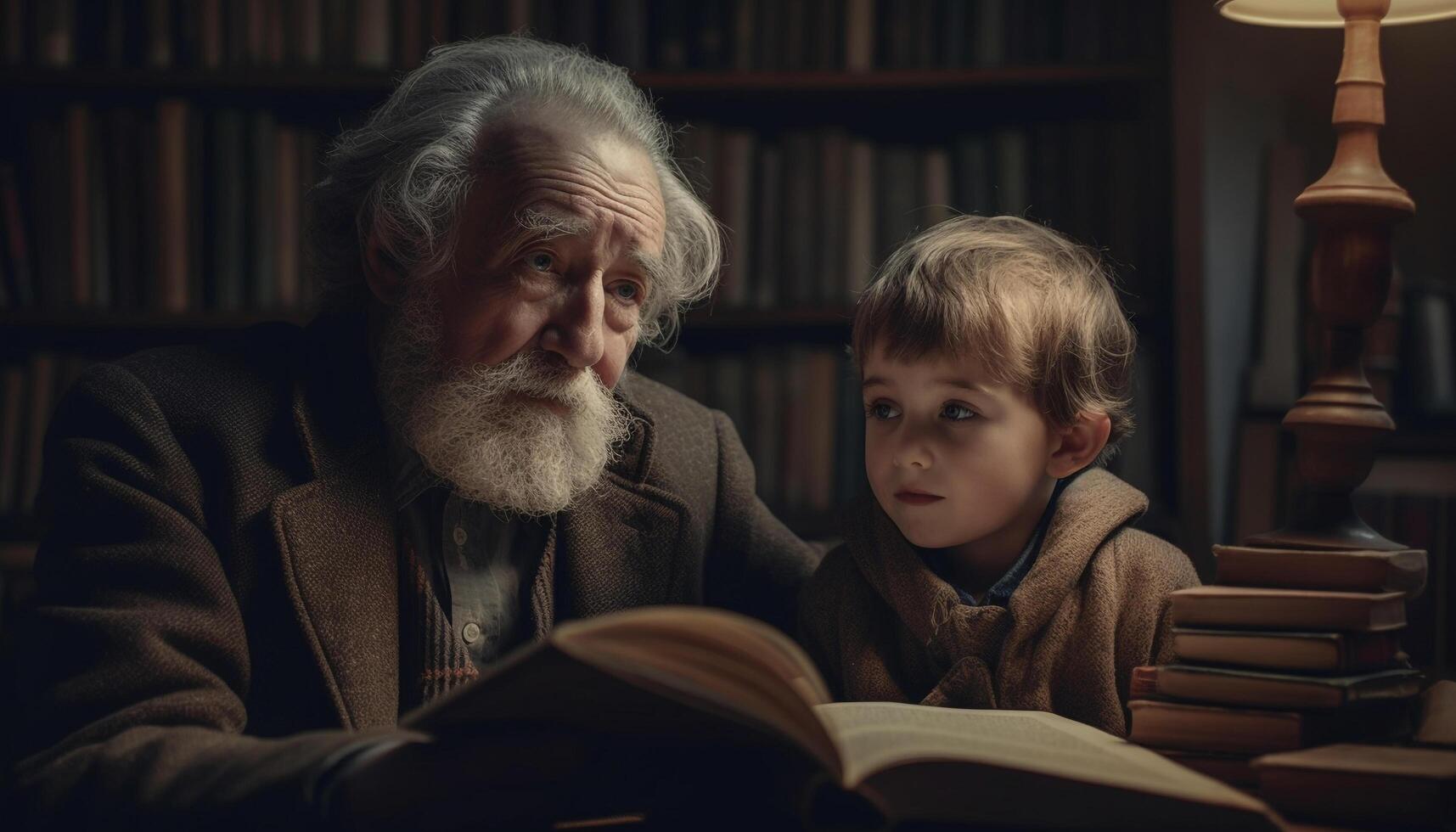 un familia retrato de Tres generaciones, leyendo y unión juntos generado por ai foto