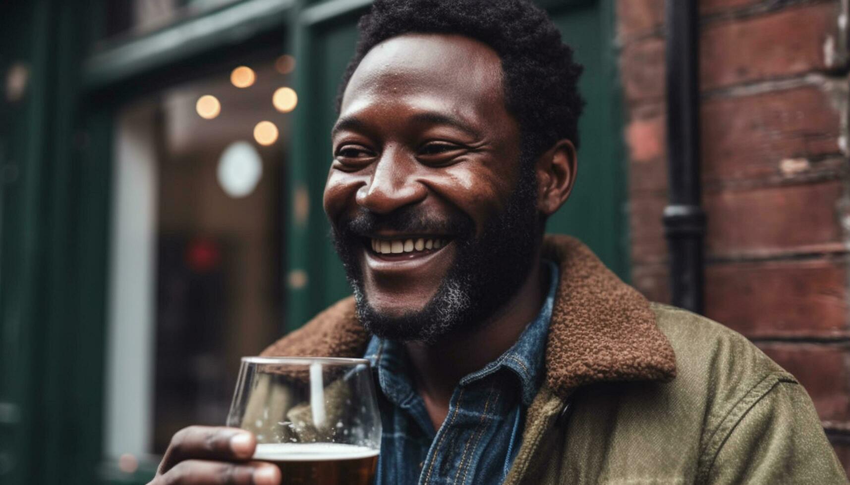 africano americano hombre disfrutando un beber, sonriente con confianza en el ciudad generado por ai foto