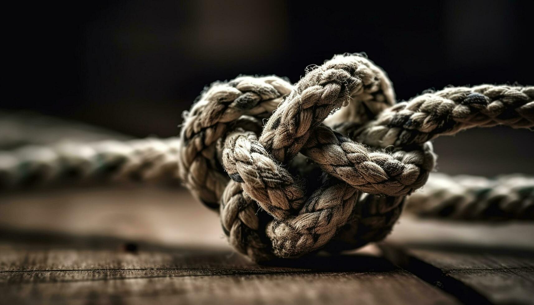 Rope fastening wood, tied knot on old yacht deck generated by AI photo