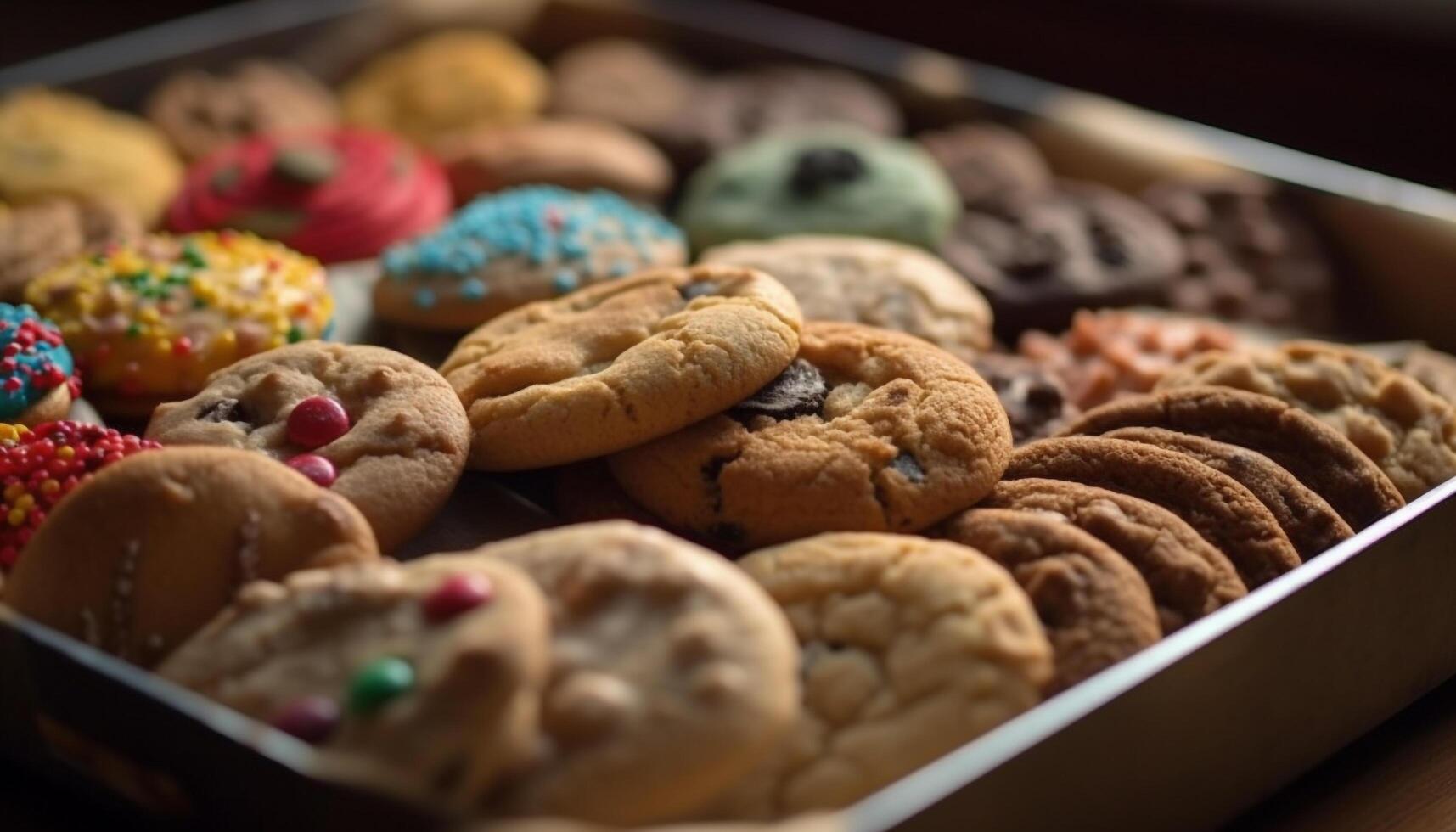 A large stack of homemade chocolate chip cookies on a table generated by AI photo