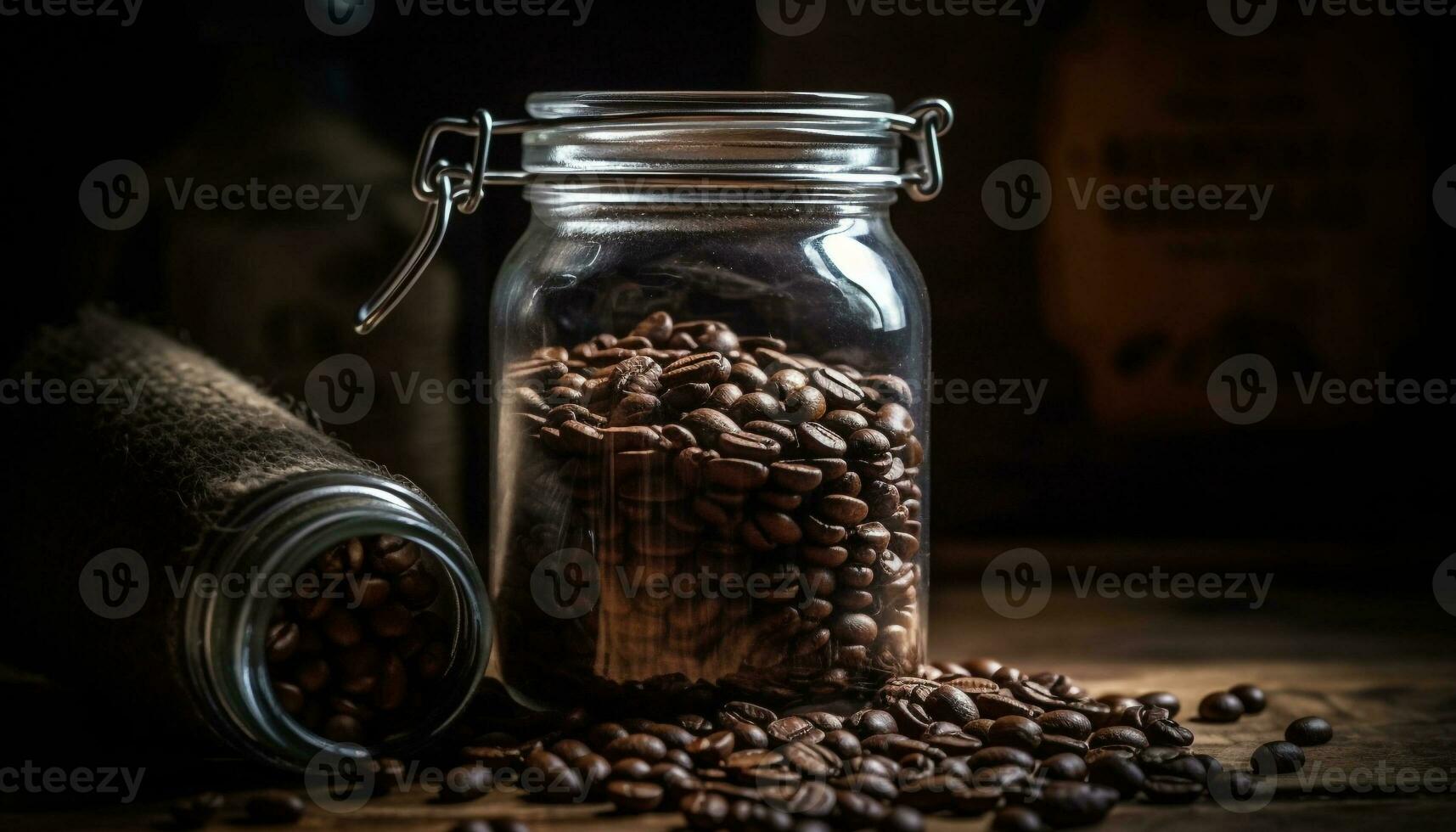 Freshly roasted coffee beans on a wooden table in a coffee shop generated by AI photo