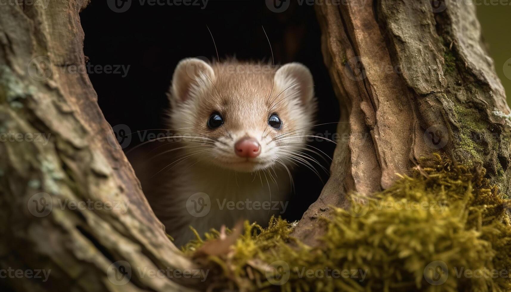 linda mamífero, pequeño y esponjoso, sentado en un árbol rama generado por ai foto