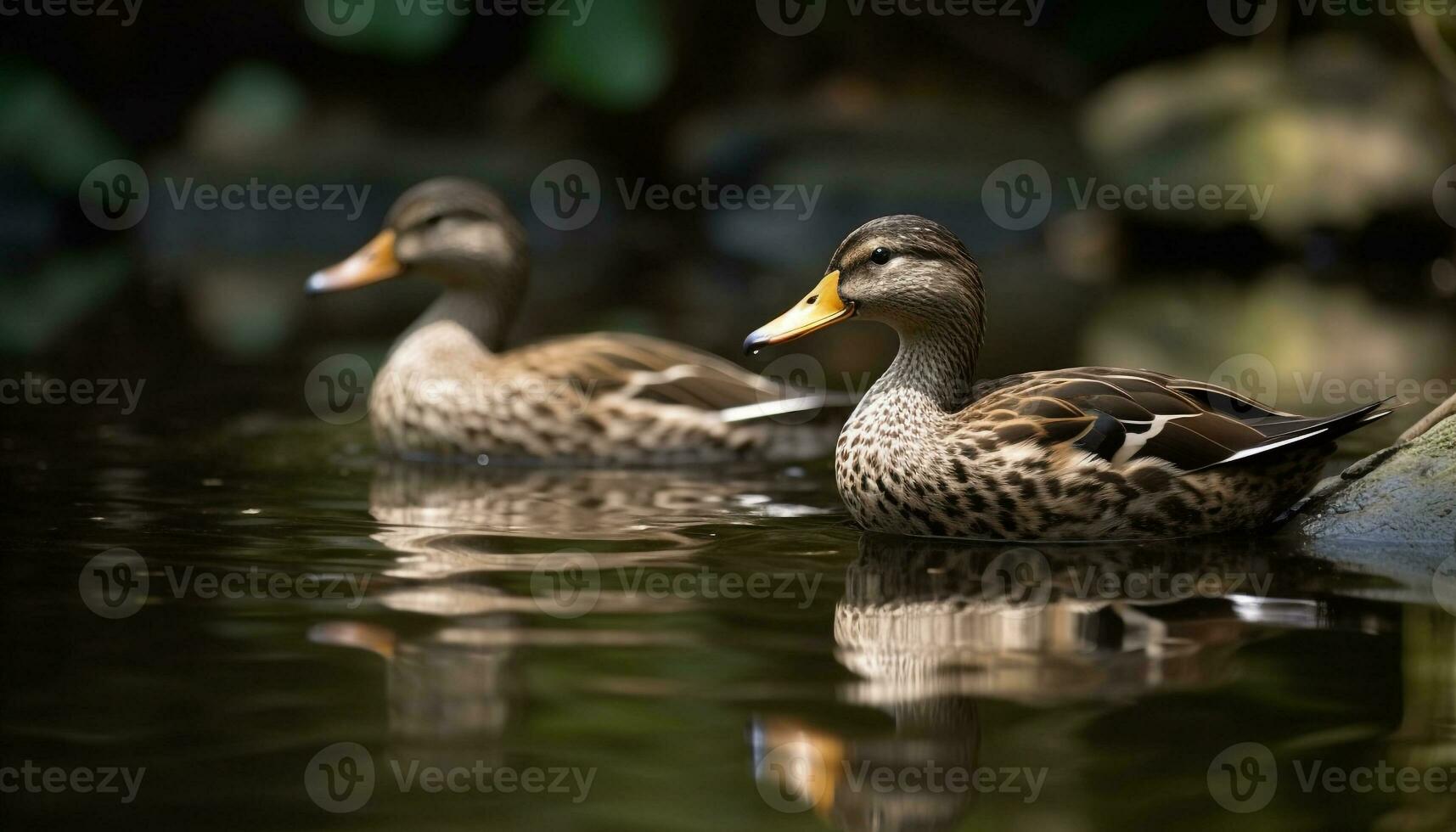 un hermosa Pato familia disfruta el tranquilo estanque en naturaleza generado por ai foto