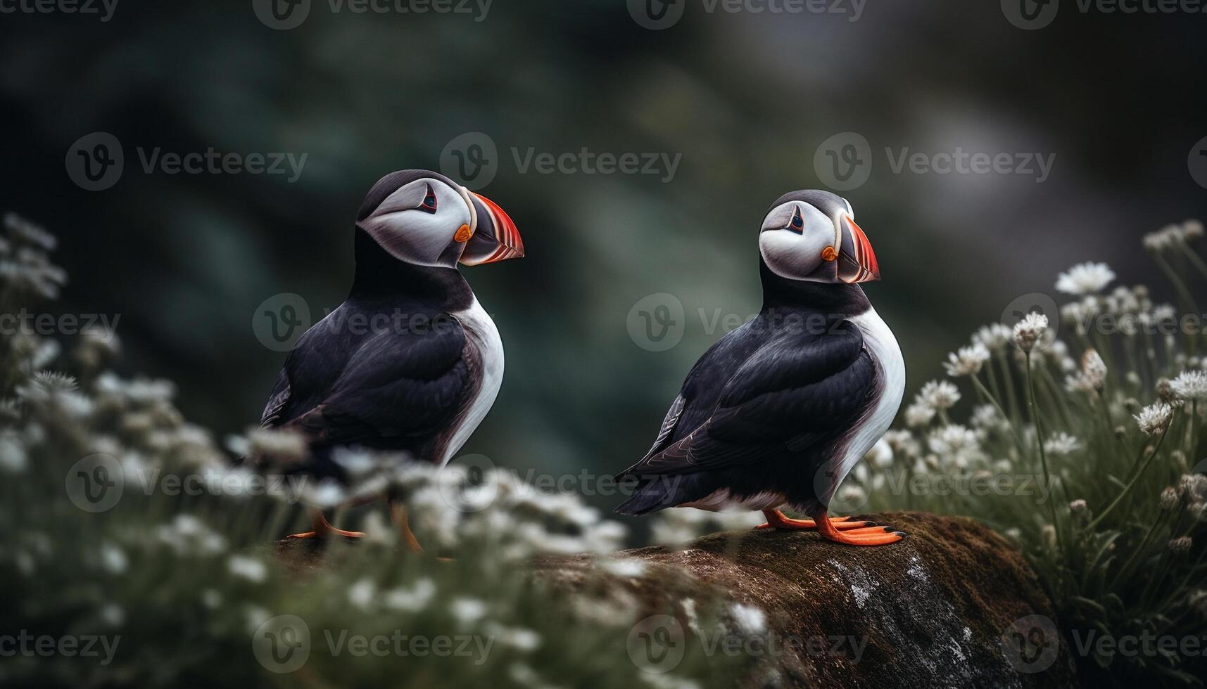 A beautiful Atlantic puffin perched on a cliff, looking at camera generated by AI photo