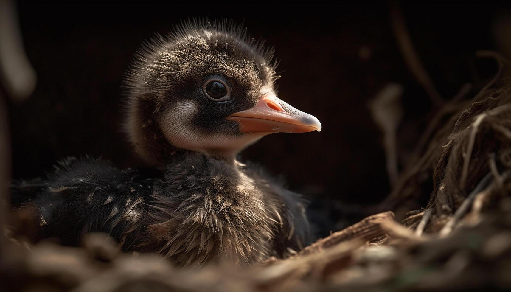 Cute baby bird with fluffy feathers in a grassy nest generated by AI photo