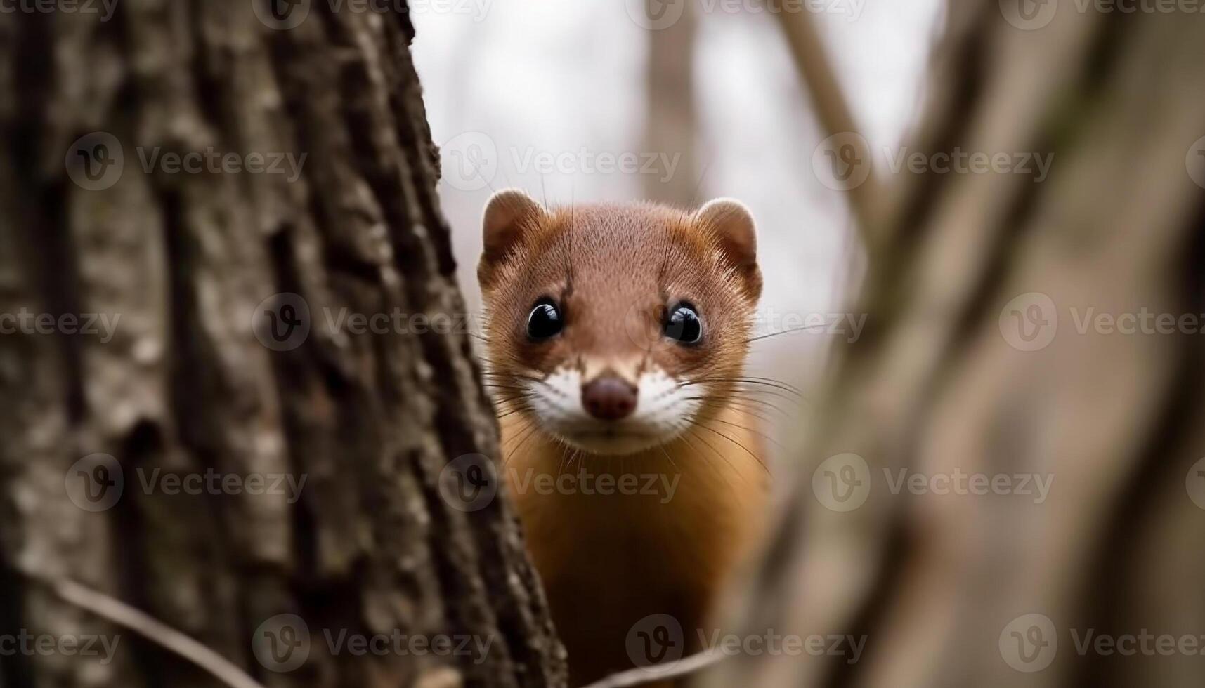 Cute mammal sitting on branch, looking at camera in forest generated by AI photo