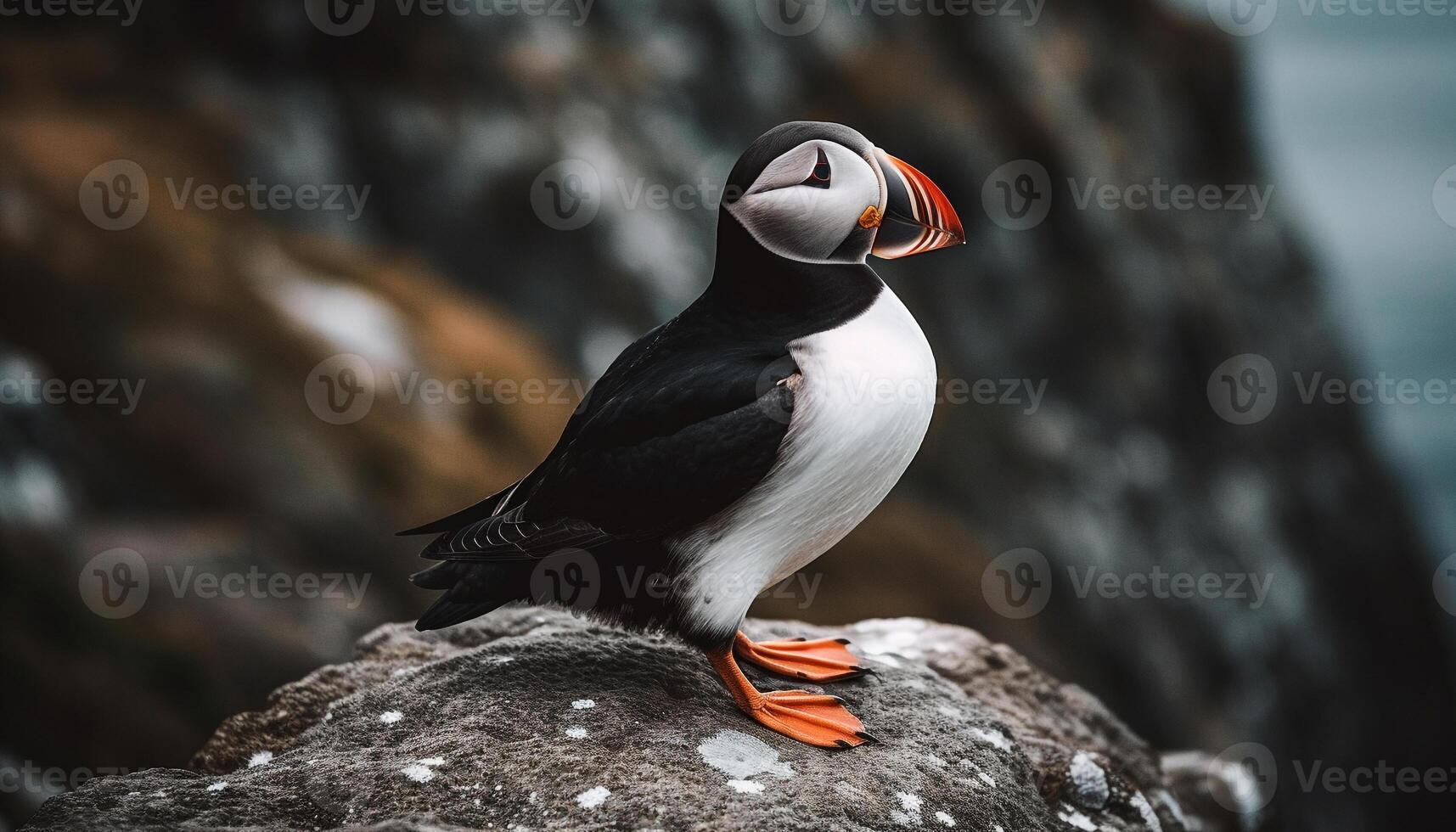 A beautiful Atlantic puffin perching on a rock by the sea generated by AI photo