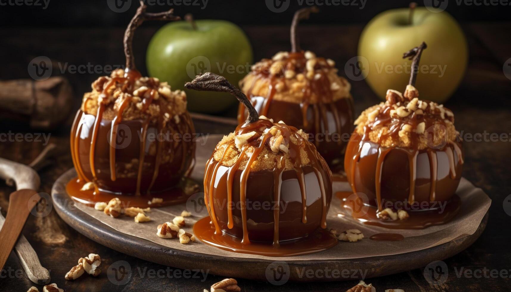 Indulgent dessert homemade chocolate caramel apple on rustic wooden table generated by AI photo