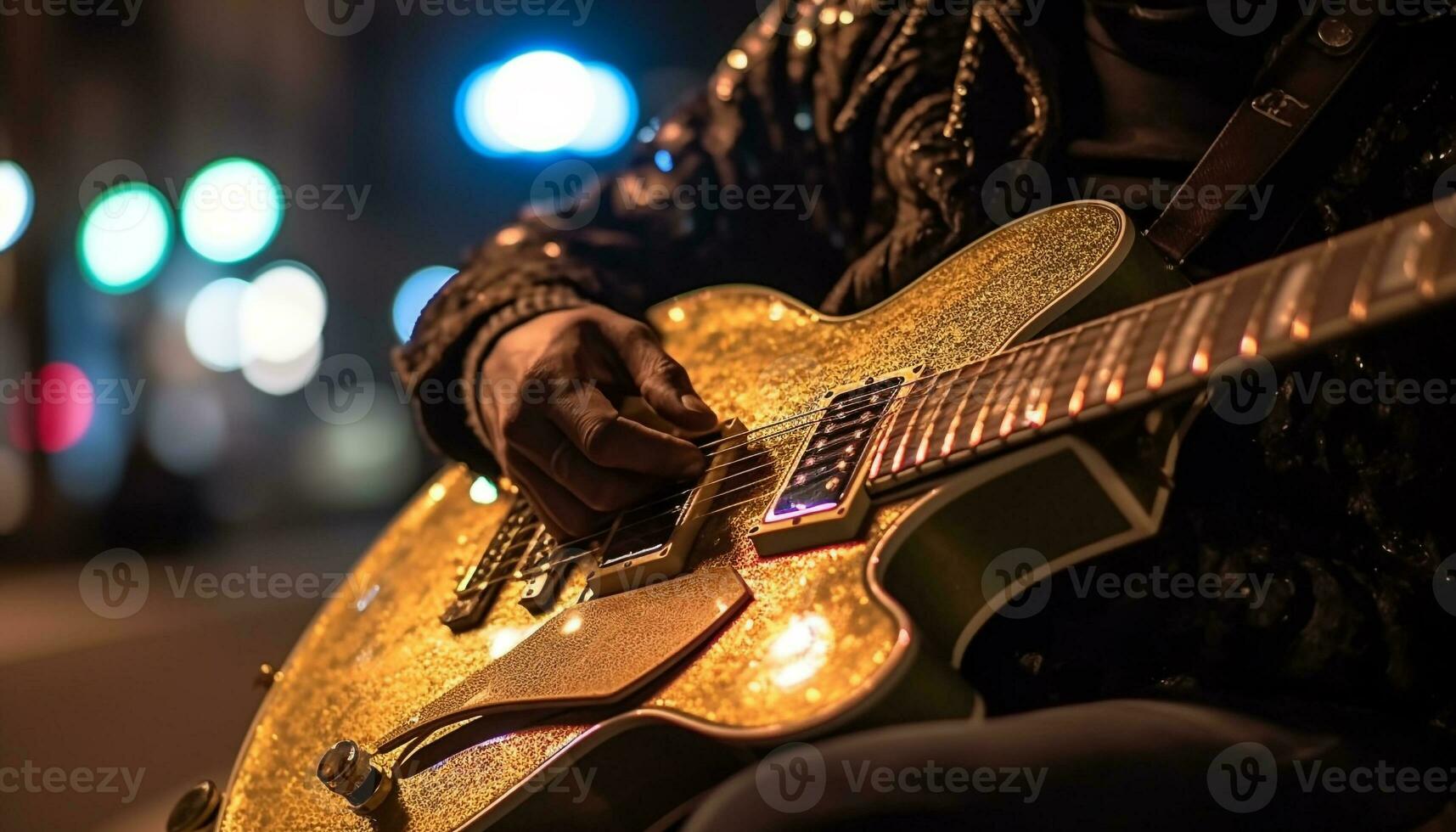 Guitarist playing electric guitar on stage, captivating the audience generated by AI photo