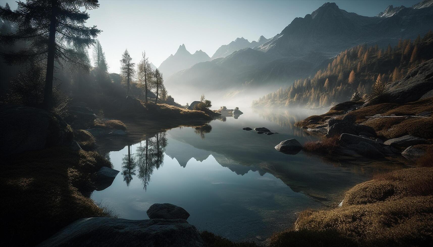 Tranquil scene mountain peak reflects majestic autumn forest in pond generated by AI photo