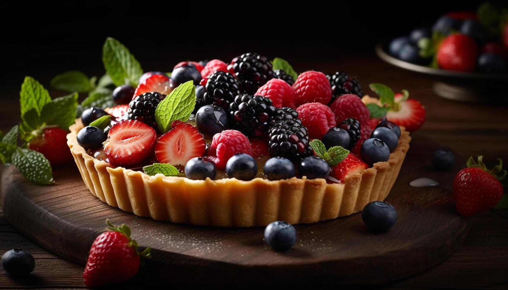 Blueberry and raspberry dessert on a wooden table, fresh and gourmet generated by AI photo