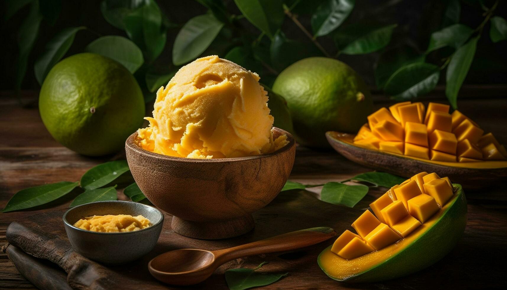 Freshness and nature on a wooden table, healthy eating with organic fruit generated by AI photo