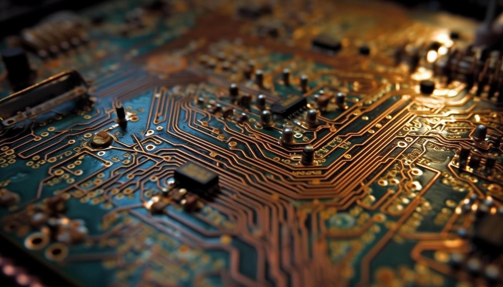 Technology progresses with complex circuit boards and futuristic computer chips generated by AI photo