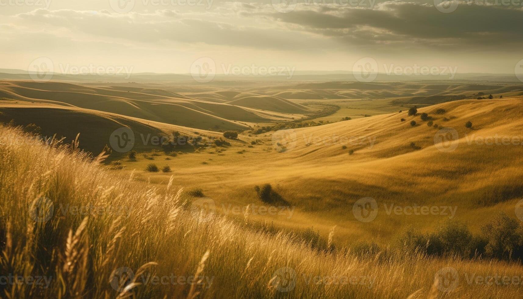 Tranquil meadow, rolling landscape, green grass, sunset over mountains generated by AI photo