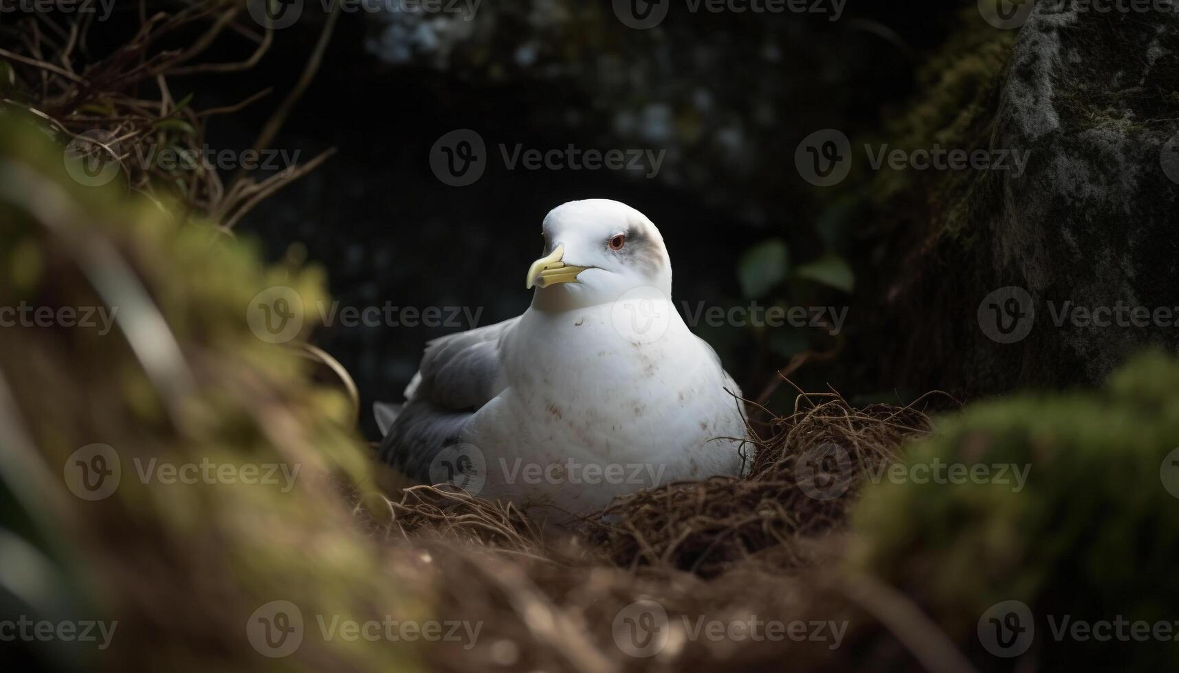 Seagull perching on a branch, overlooking the tranquil coastline generated by AI photo